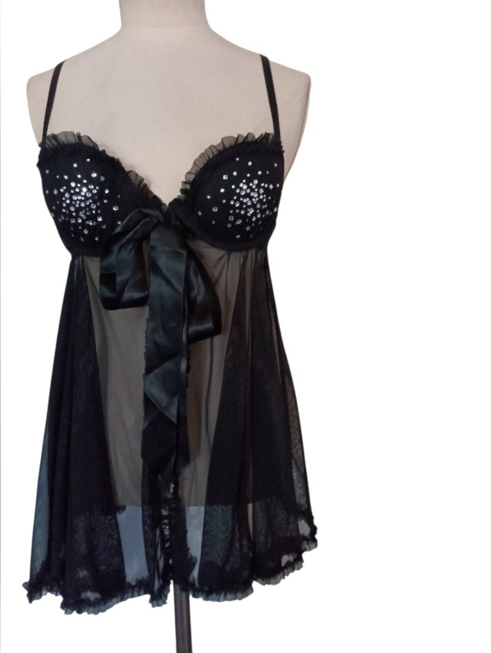 Victorias Secret Sexy Little Things Black Sheer Mesh Babydoll Rhinestones 34B